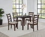 CoasterEveryday Barton 5-piece round wood dining table set in dark brown with matching chairs and sturdy wooden construction.