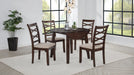 CoasterEveryday Barton 5-piece round wood dining table set with dark brown finish, including matching chairs and tabletop detail.