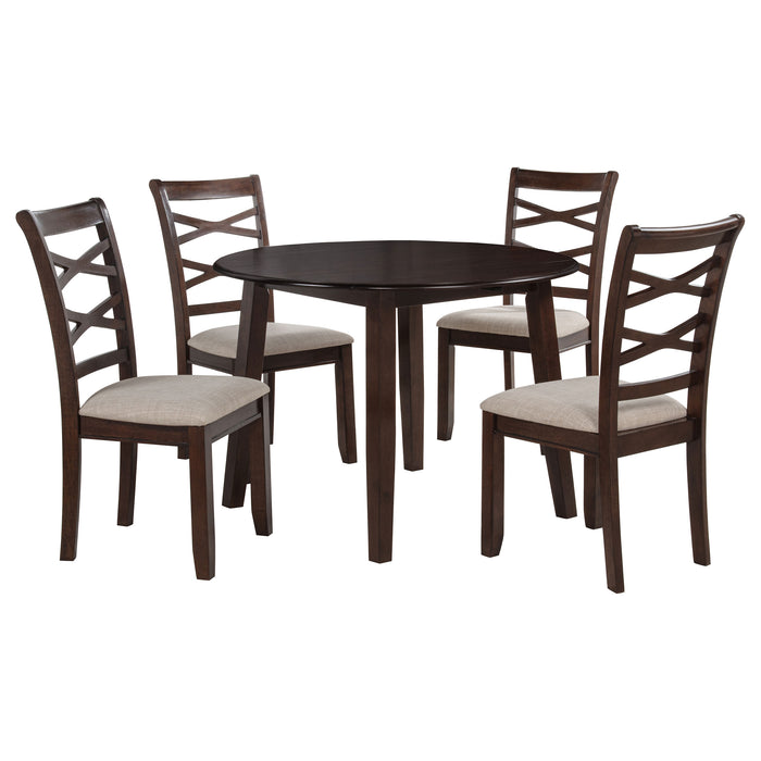 Dark brown CoasterEveryday Barton 5-piece round wood dining table set with matching chairs, showcasing a sturdy and stylish furniture design.