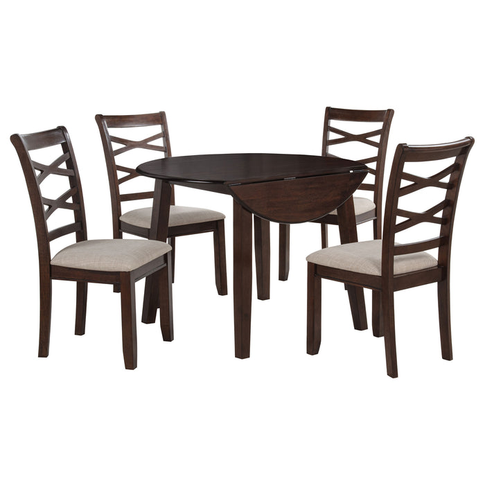 Dark brown CoasterEveryday Barton 5-piece round wood dining table set with matching chairs, showcasing smooth wood finish.
