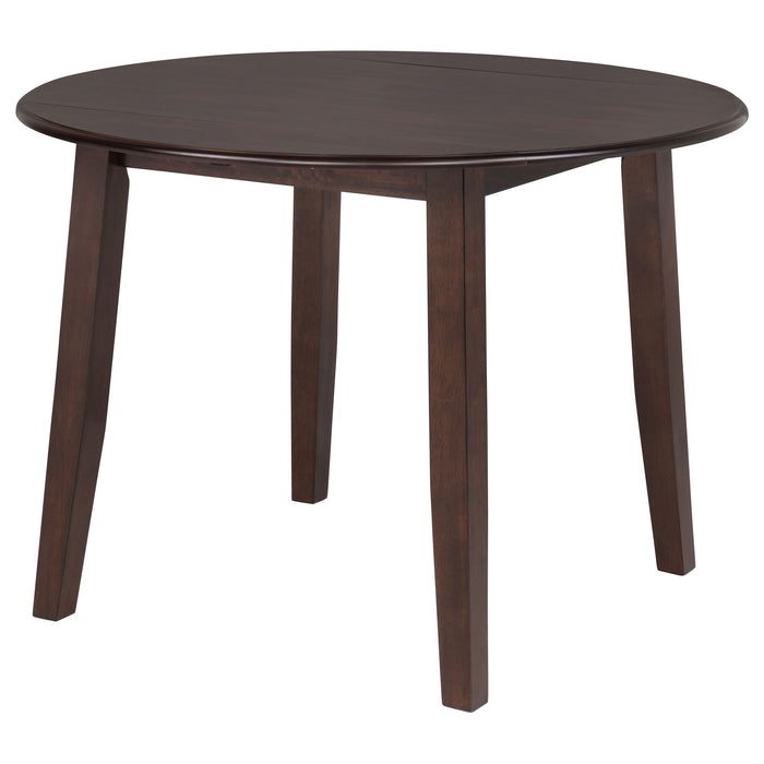 Dark brown CoasterEveryday Barton 5-piece round wood dining table set with chairs, showcasing smooth wooden surfaces and sturdy legs.