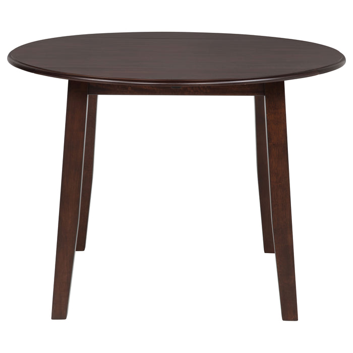 Dark brown CoasterEveryday Barton 5-piece round wood dining table set with matching chairs, showcasing a stylish furniture design.
