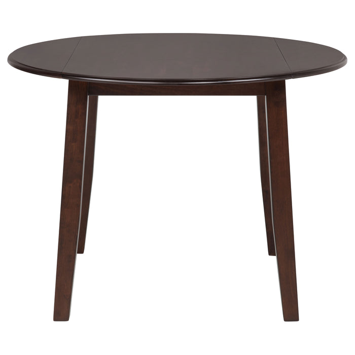 CoasterEveryday Barton 5-piece round wood dining table set with dark brown finish, includes table and matching chairs, furniture for dining rooms.