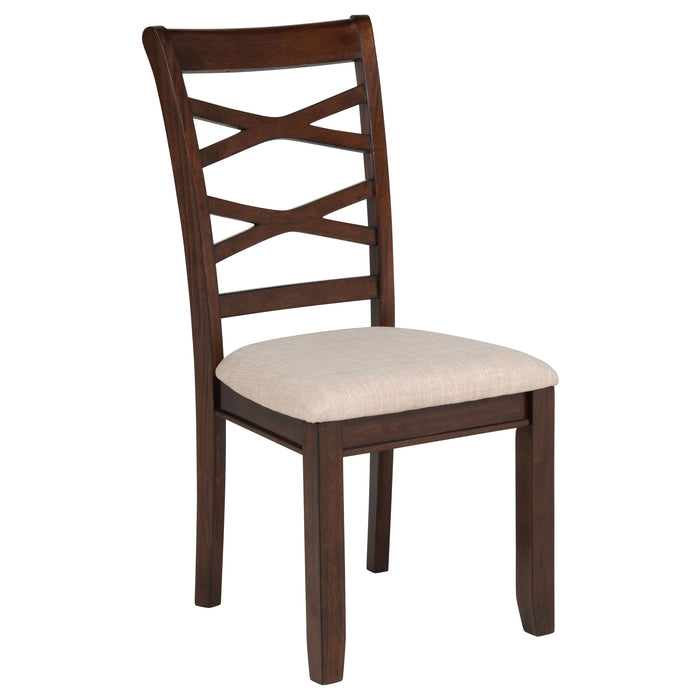 Dark brown CoasterEveryday Barton 5-piece round wood dining table set with matching chairs, stylish and sturdy furniture.