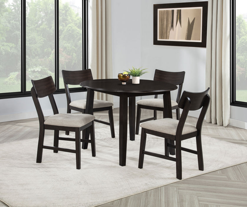Dark coffee Catley 5-piece round drop leaf dining table set by CoasterEveryday with matching chairs, showcasing smooth wooden finish.