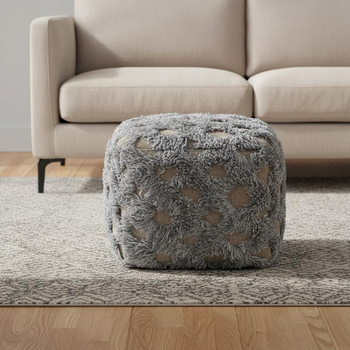 Wool Cotton Blend Cube Geometric Pouf Ottoman - Natural And Gray