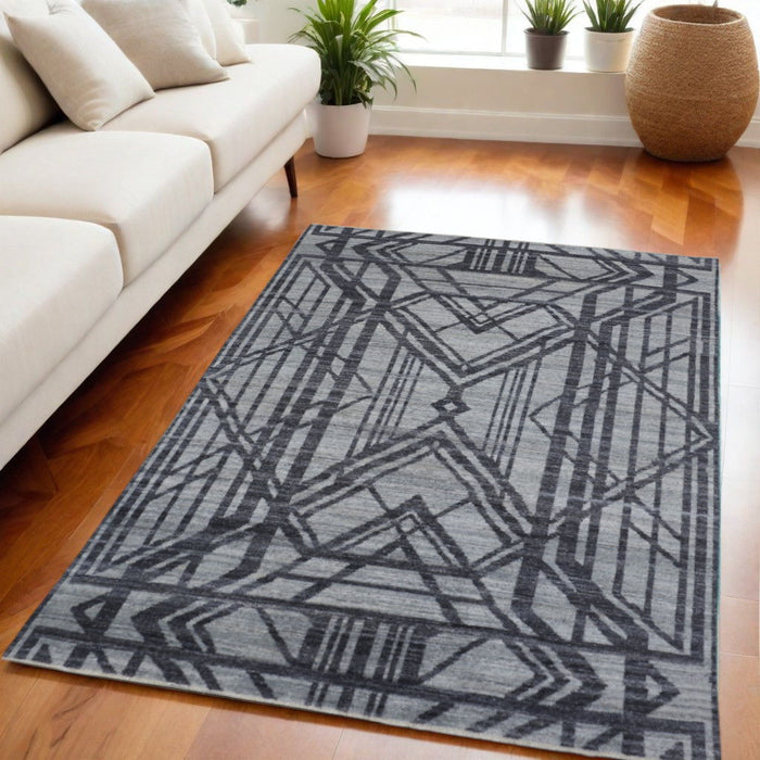 5' X 8' Wool Geometric Hand Knotted Area Rug - Gray And Blue