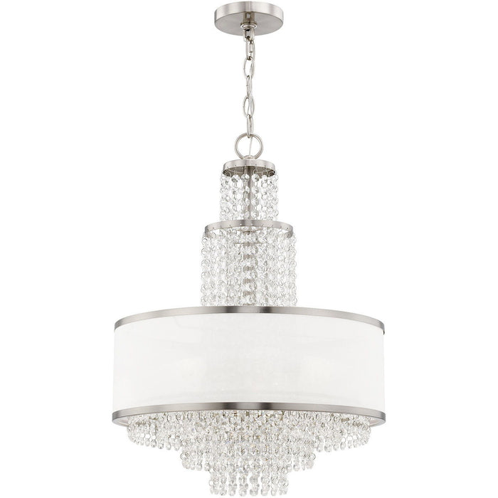 HomeRoots five-light metal chandelier with clear and off-white shades, dimmable nickel finish, elegant lighting fixture.