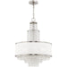 HomeRoots five-light metal chandelier with clear and off-white shades, dimmable nickel finish, elegant lighting fixture.