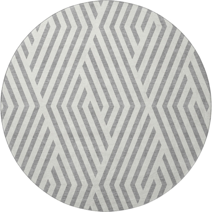 8' Geometric Washable Round Rug With UV Protection (648541) - Gray / Ivory