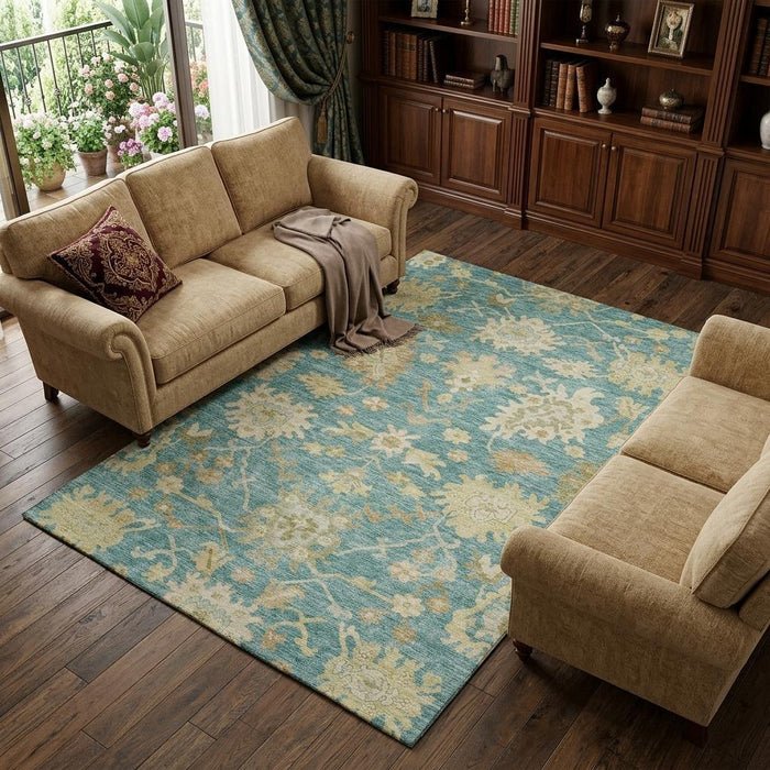 10' X 14' Floral Medallion Washable Area Rug With UV Protection (686879) - Teal / Beige / Copper