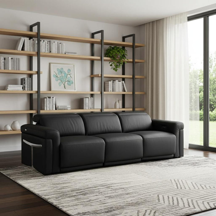 Top Grain Leather Reclining Metal USB Sofa (720428) - Black