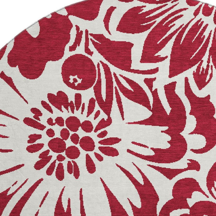 8' Floral Washable Round Rug With UV Protection (648631) - Burgundy / Ivory
