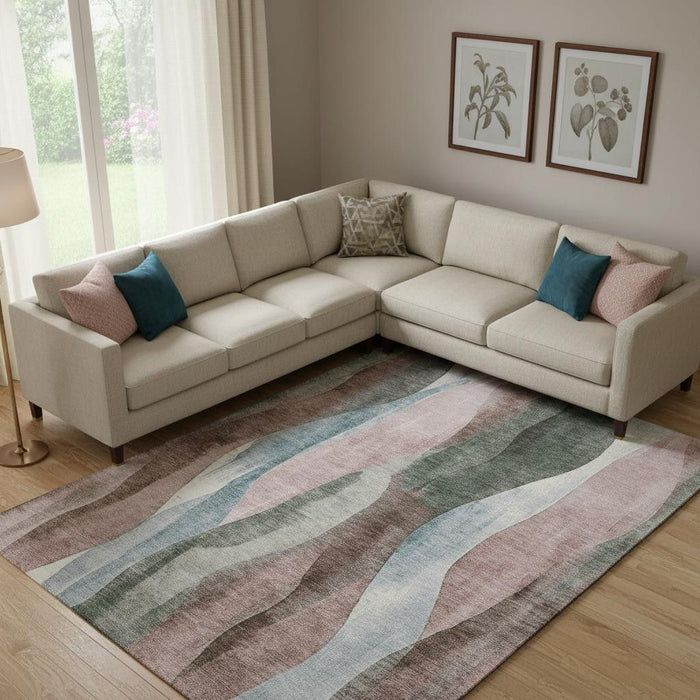 10' X 14' Abstract Washable Area Rug With UV Protection (710280) - Salmon / Blue / Mauve