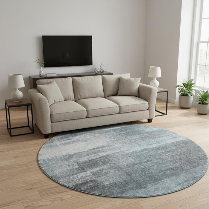 8' Abstract Washable Round Rug With UV Protection (649615) - Teal / Ivory