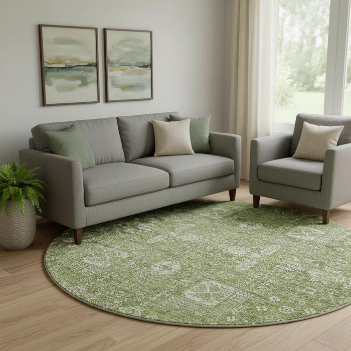 8' Floral Washable Round Rug With UV Protection (653347) - Artichoke Green / Ivory