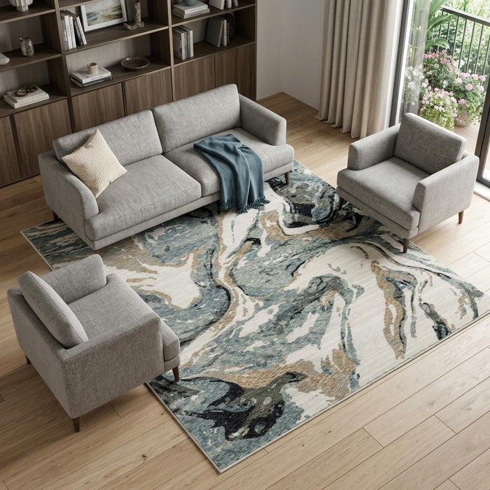 10' X 13' Abstract Area Rug With Fringe (575140) - Blue / Black / Ivory