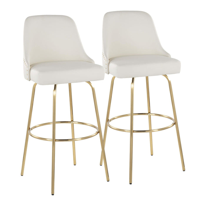 Marcel - 30" Fixed-Height Barstool With Swivel And Round Gold Metal Footrest (Set of 2) - Gold Metal And White Faux Leather With Gold Nailhead Trim