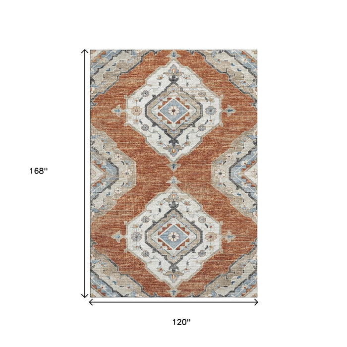 10' X 14' Tribal Distressed Washable Area Rug With UV Protection (644186) - Terra Cotta / Ivory / Blue