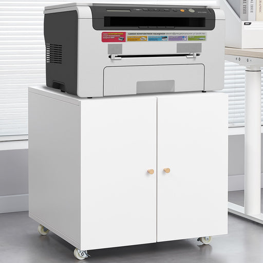 Giga office copier cabinet with two steel doors, mobile printer stand, and pedestal file storage for office organization