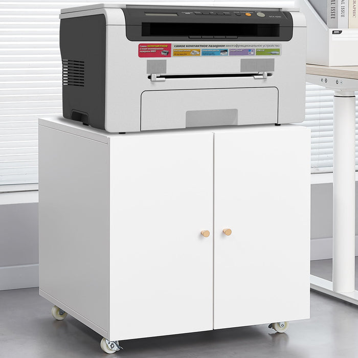 Giga office copier cabinet with two steel doors, mobile printer stand, and pedestal file storage for office organization