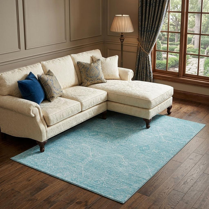 10' X 14' Floral Washable Area Rug With UV Protection (691770) - Sky Blue / Ivory