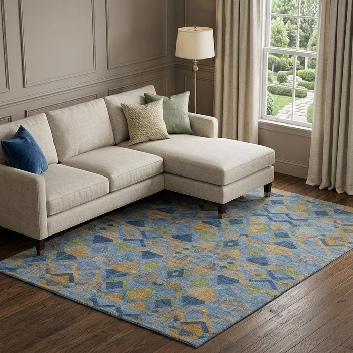 10' X 14' Geometric Washable Area Rug With UV Protection (692892) - Denim Blue / Peach / Green