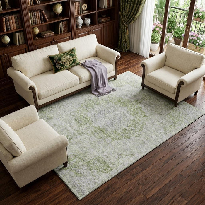 10' X 14' Oriental Washable Area Rug With UV Protection (692304) - Olive Green / Silver