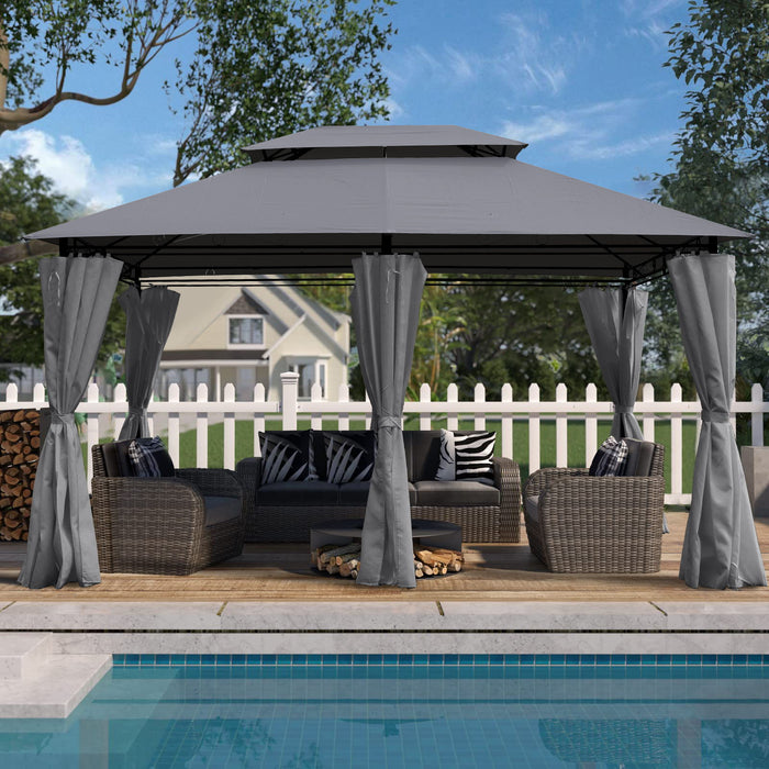 Gray Giga outdoor patio gazebo canopy with ventilated double roof, side wall, and detachable curtains, ideal for garden or backyard.