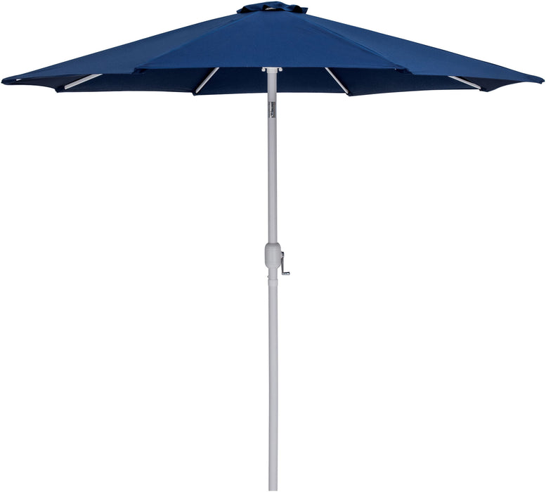Fiji aluminum patio umbrella by Meridian Furniture with a round black and white base, providing shade for outdoor spaces.