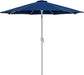 Fiji aluminum patio umbrella by Meridian Furniture with a round black and white base, providing shade for outdoor spaces.