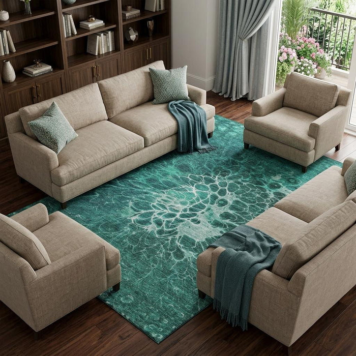 10' X 14' Abstract Washable Area Rug With UV Protection (654590) - Teal / Ivory