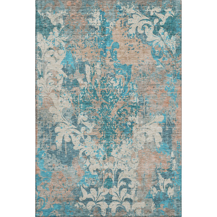 10' X 14' Damask Washable Area Rug With UV Protection (674383) - Teal / Beige / Taupe