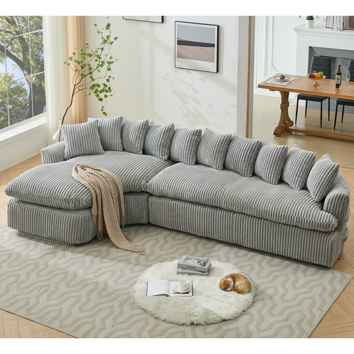 [NEW ARRIVED] [VIDEO PROVIDED]   127''  Large Sectional Sofa ,Elegant Curved Design ,High-Resilience Foam ,Ten Back Cushions,L-Shape Left Sofa,No Assembly  Required , (Gray
-Soft Corduroy Fabric)