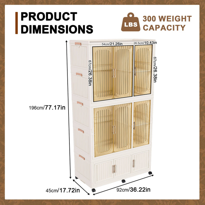 Cream white Giga portable wardrobe closet with 9 magnetic doors, 9 storage cubes, 2 hanging rods, and 6 hangers inside.