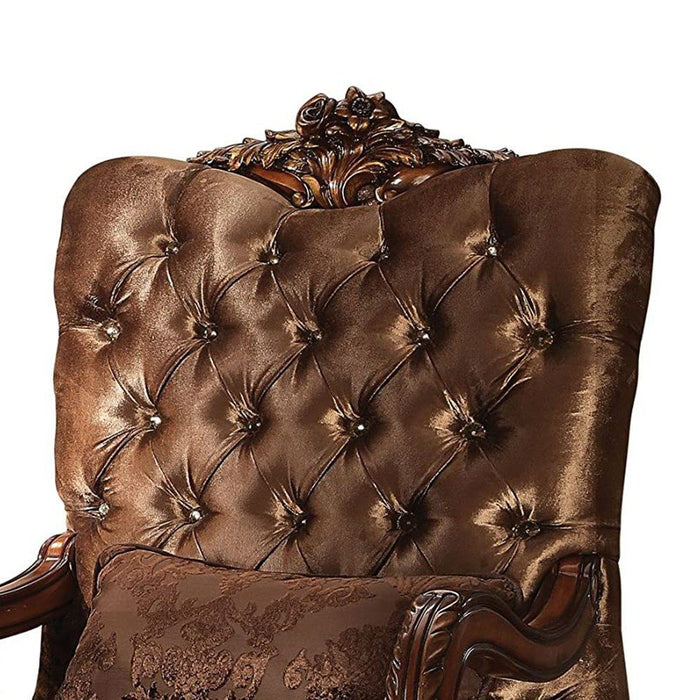 Velvet Tufted Arm Chair And Toss Pillow - Golden Brown And Mahogany