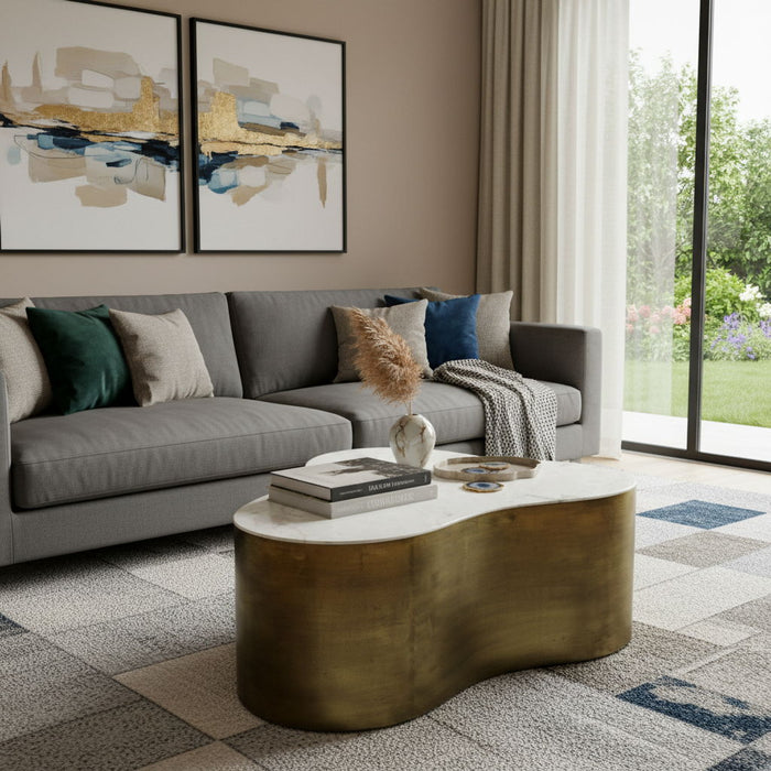 Brass Genuine Marble And Iron Free Form Solid Coffee Table - White