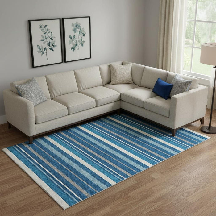10' X 14' Striped Washable Area Rug With UV Protection (669913) - Denim Blue / Ivory / Gray