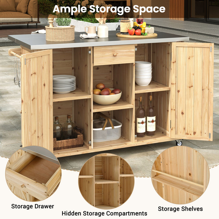 Giga outdoor kitchen island with stainless steel top, storage, towel and spice racks, and a built-in bottle opener.