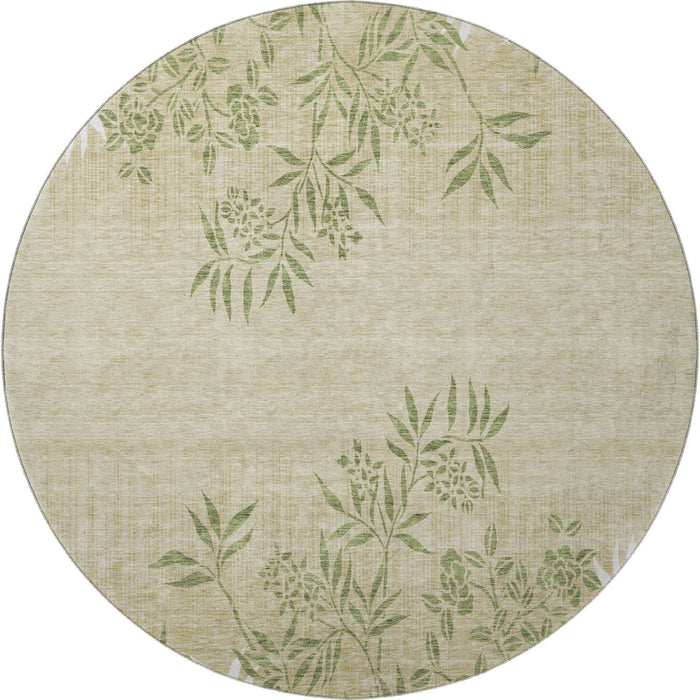 8' Floral Washable Round Rug With UV Protection (655641) - Khaki / Green / Ivory