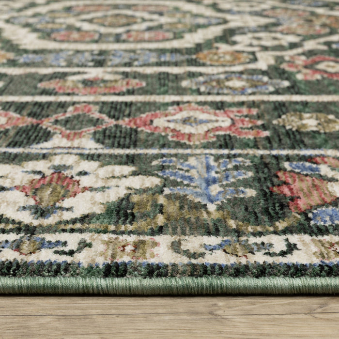 10' X 13' Floral Area Rug With Fringe - Green And Pink