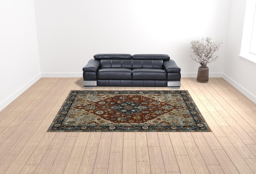10' x 13' Oriental Power Loom Stain Resistant Area Rug With Fringe - Blue Beige Tan Brown Gold And Rust Red