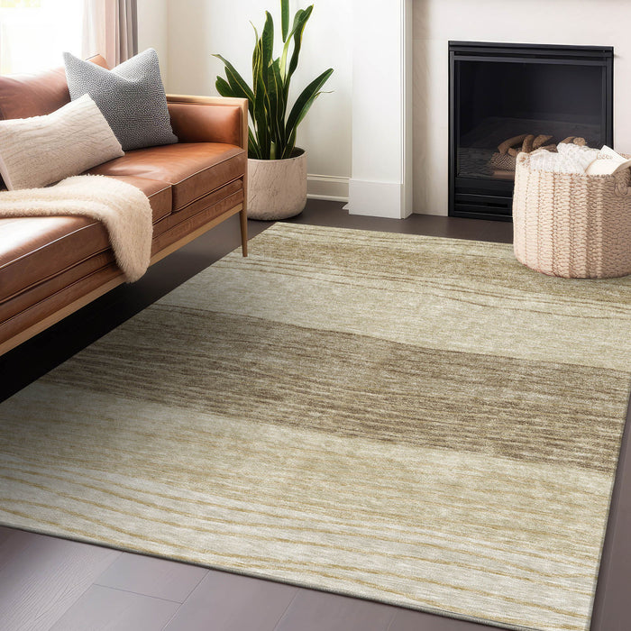 10' X 14' Striped Washable Area Rug With UV Protection - Beige And Brown