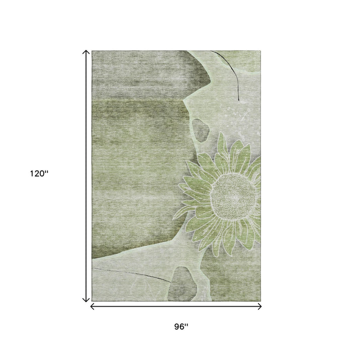 8' X 10' Floral Washable Area Rug With UV Protection (656781) - Artichoke Green / Gray / Ivory