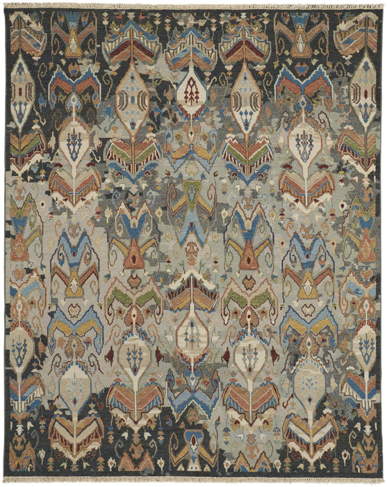 9' X 13' Ikat Hand Knotted Area Rug With Fringe - Blue