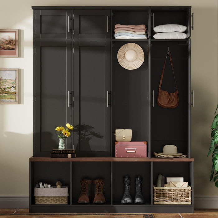 Farmhouse Hall Tree With 4 Hidden Hanging Hooks And 8 Doors