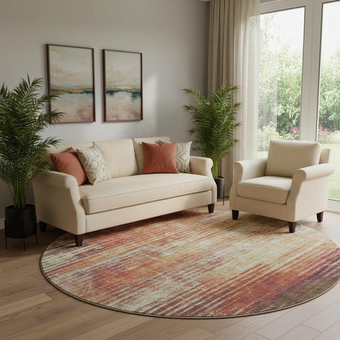 8' Striped Washable Round Rug With UV Protection (650269) - Chili Red / Ivory