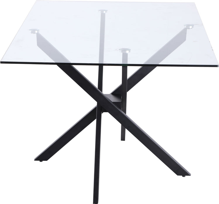 Modern Xander dining table by Meridian Furniture with a sleek wooden surface and sturdy metal legs.