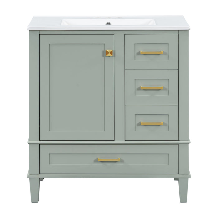Modern Giga bathroom vanity with sink, solid wood frame, soft-closing door, and three drawers for stylish bathroom storage.