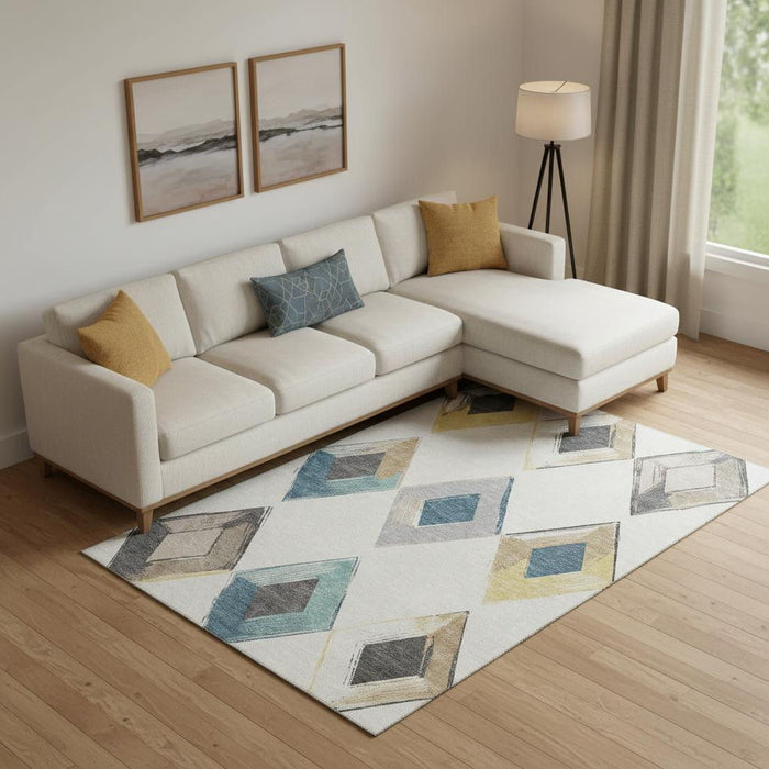 10' X 14' Geometric Washable Area Rug With UV Protection (710699) - Ivory / Blue / Gold